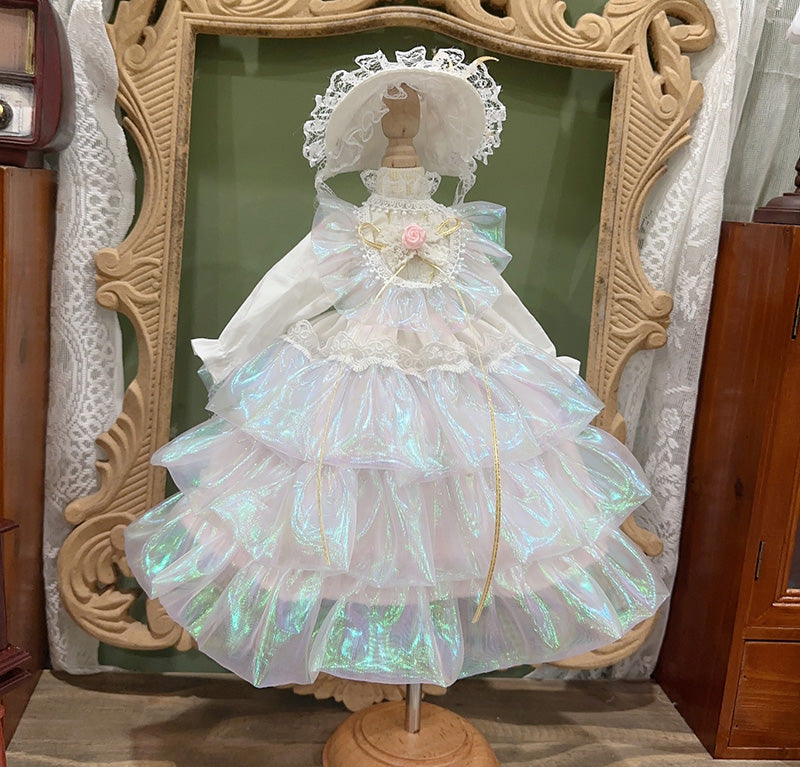 BJDドール服 豪華ロリータワンピース＆ボンネットセット 光沢オーガンジー フリルレースドレス