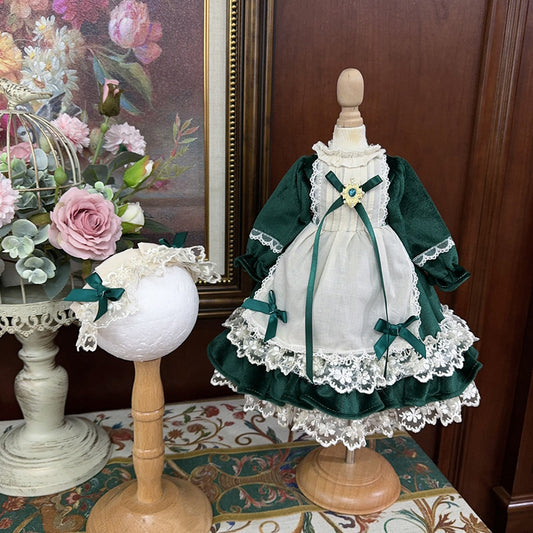 BJDドール服 グリーンベロア レースエプロンドレス