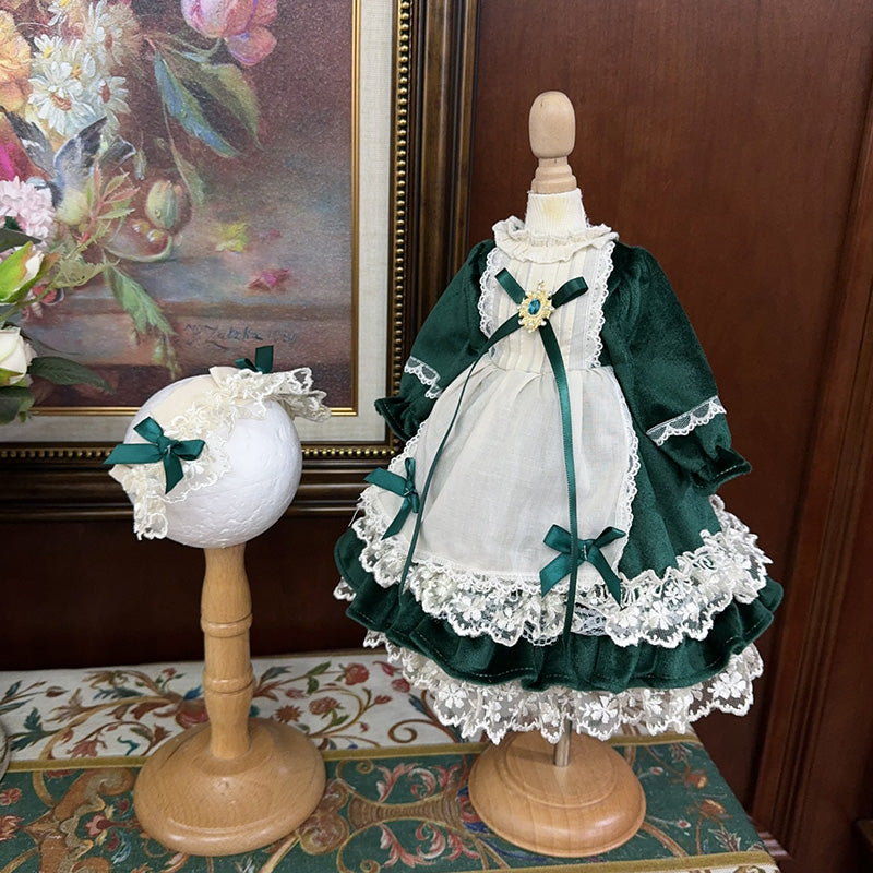 BJDドール服 グリーンベロア レースエプロンドレス 豪華2点セット