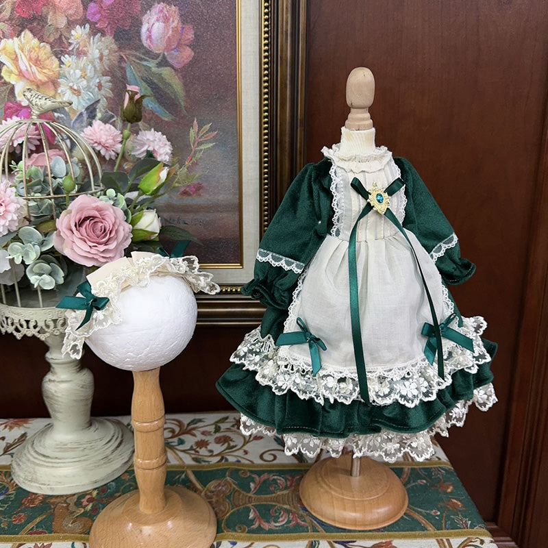 BJDドール服 グリーンベロア レースエプロンドレス 豪華2点セット 1/3